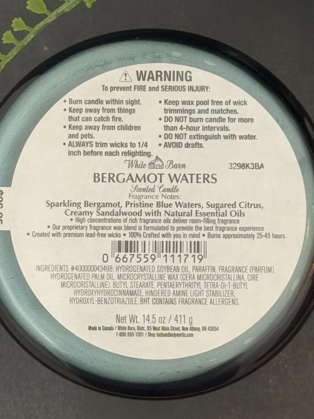 BBW Bergamot Waters White Barn Bath & Body Works 3 Wick Candle - Picture 10 of 10